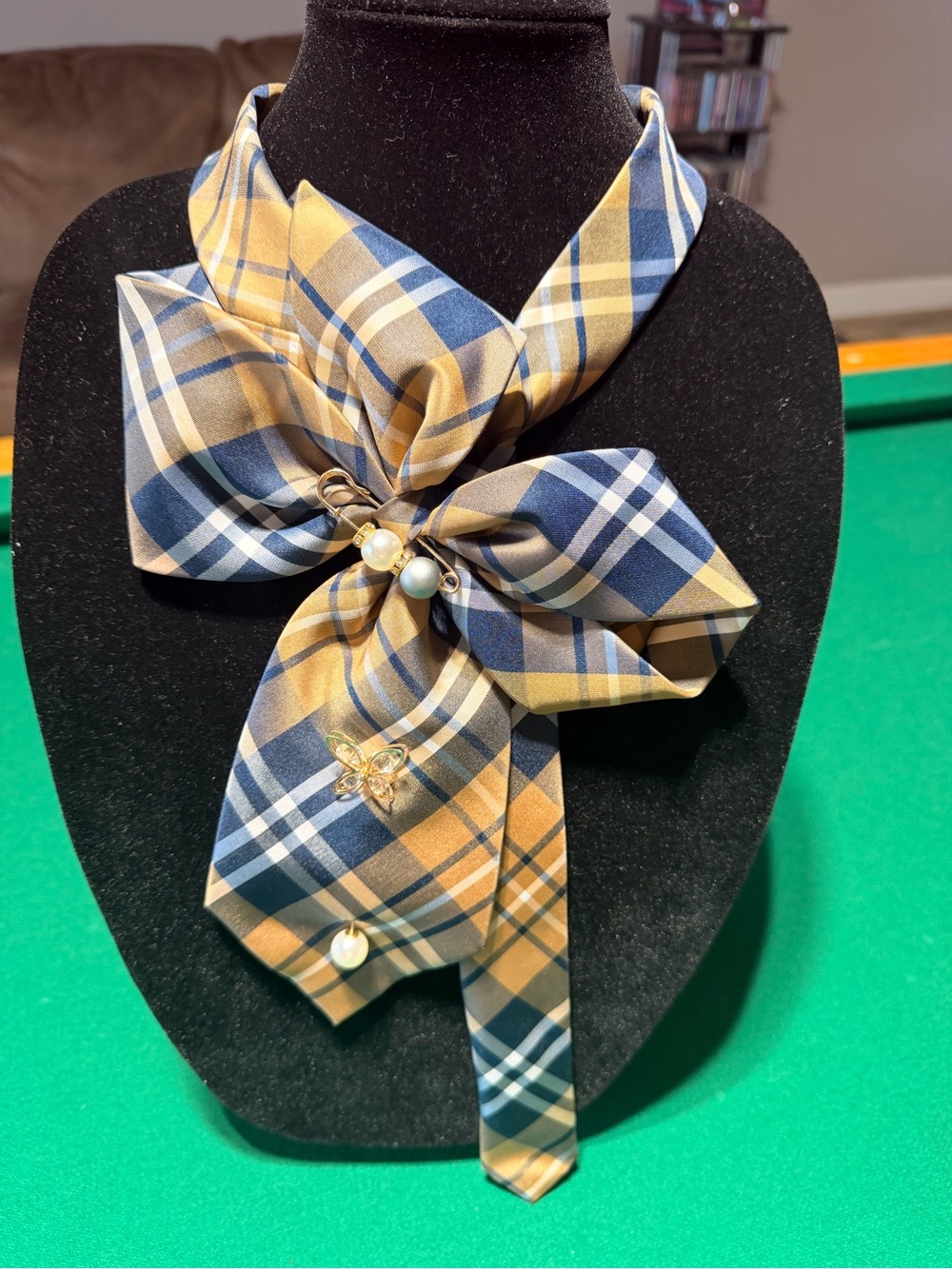 Plaid Bow Scarf Necklace in Navy and Mustard - Unbranded